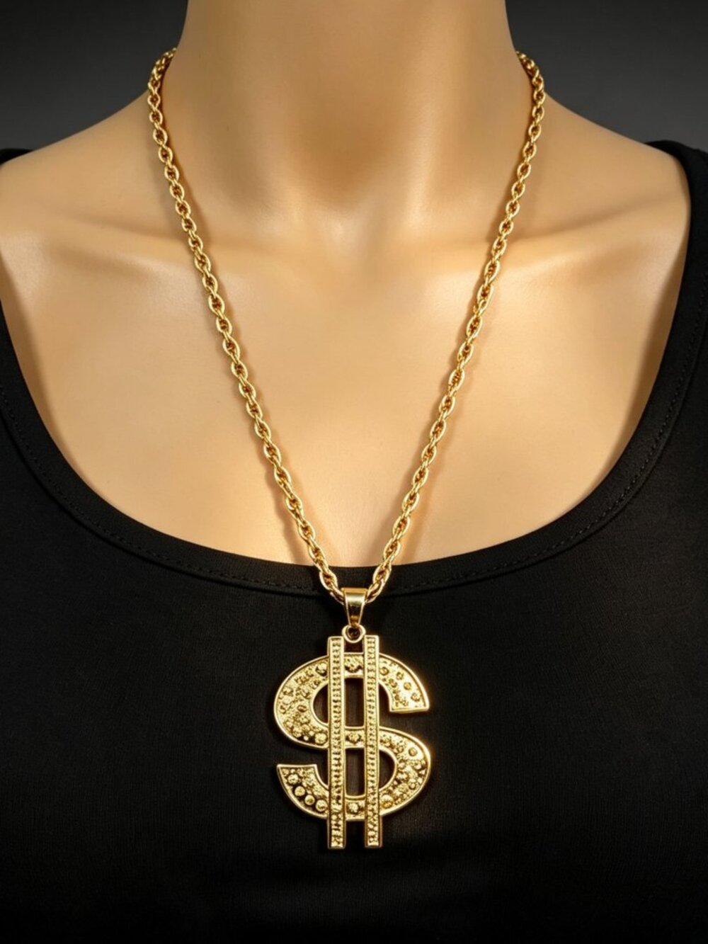 Oversized Gold Dollar Sign Pendant Long Chain Hip Hop Statement Necklace for Men
